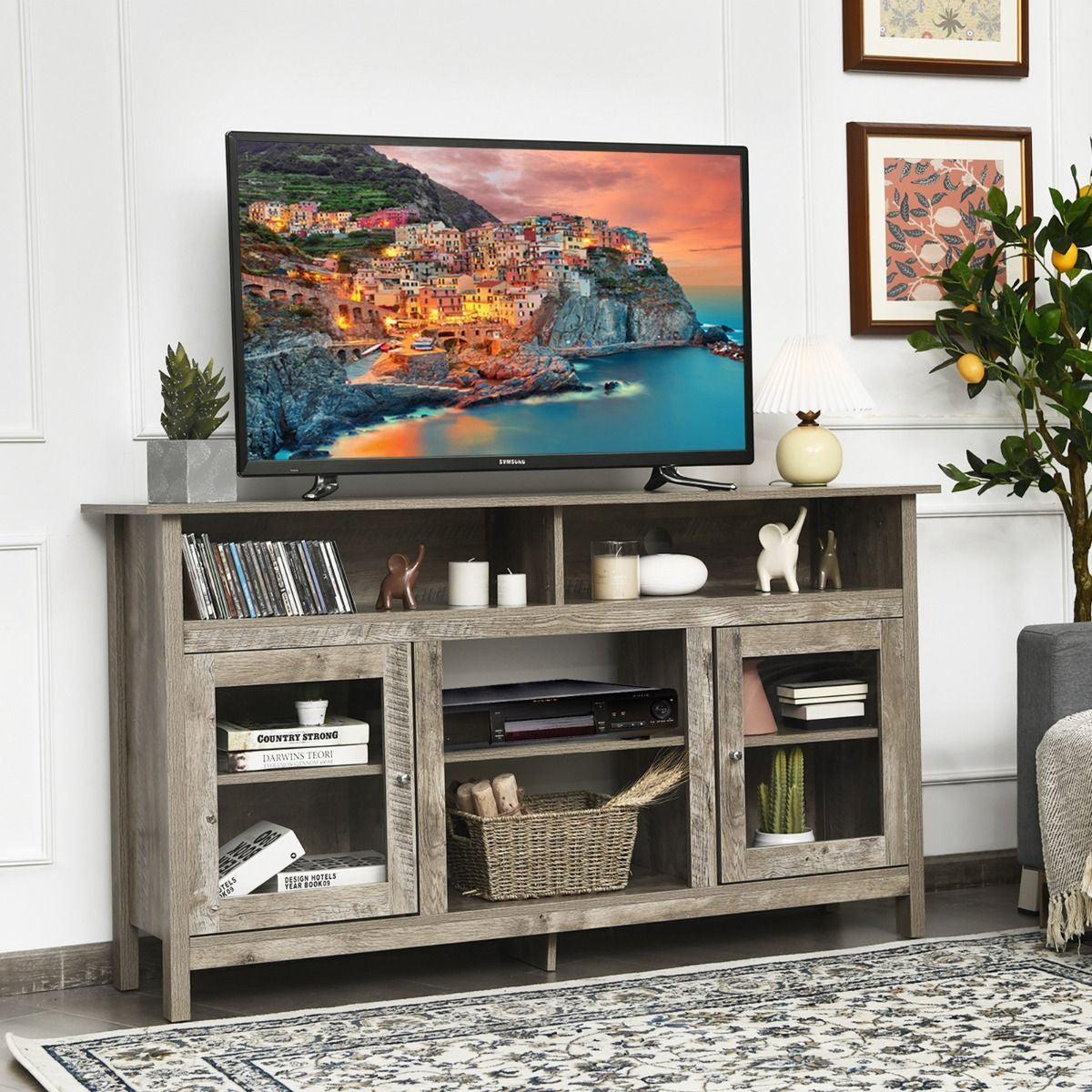 Meuble TV avec 2 Armoires Laterales et Étageres 18" Foyer Électrique pour Salon Chambre 147 x 40 x 81,5 cm Gris