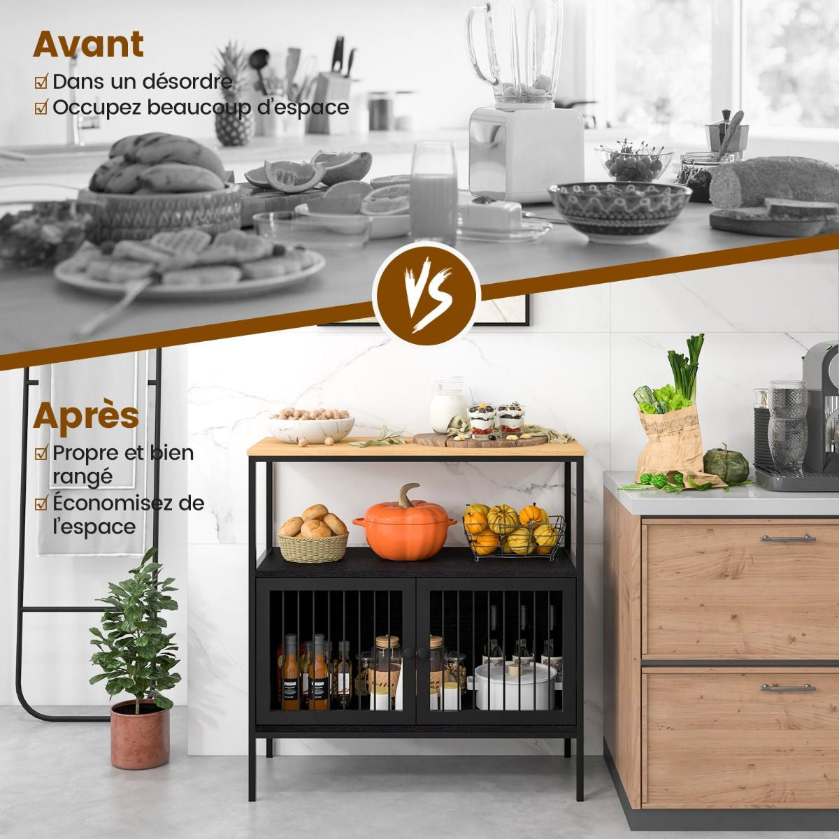 Buffet Bas de Cuisine avec 2 Portes et Étagère Ouverte 80x35x90cm Armoire de rangement avec Dispositif Anti-basculement Noir