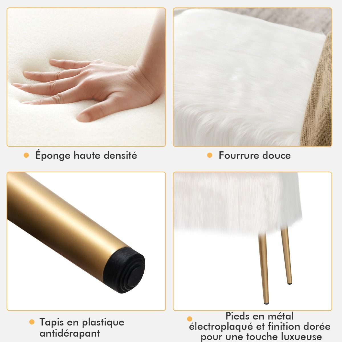 Banc en Fourrure Synthétique Pieds en Métal Doré Bout de Lit 91 x 35,5x 45,5 cm (L x l x H) Beige