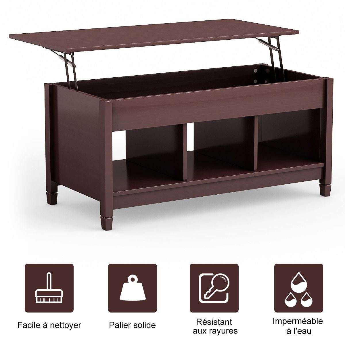 Table Basse avec Plateau Relevable 3 Compartiments Ouverts pour Rangement Polyvalents pour Salon Bureau Café