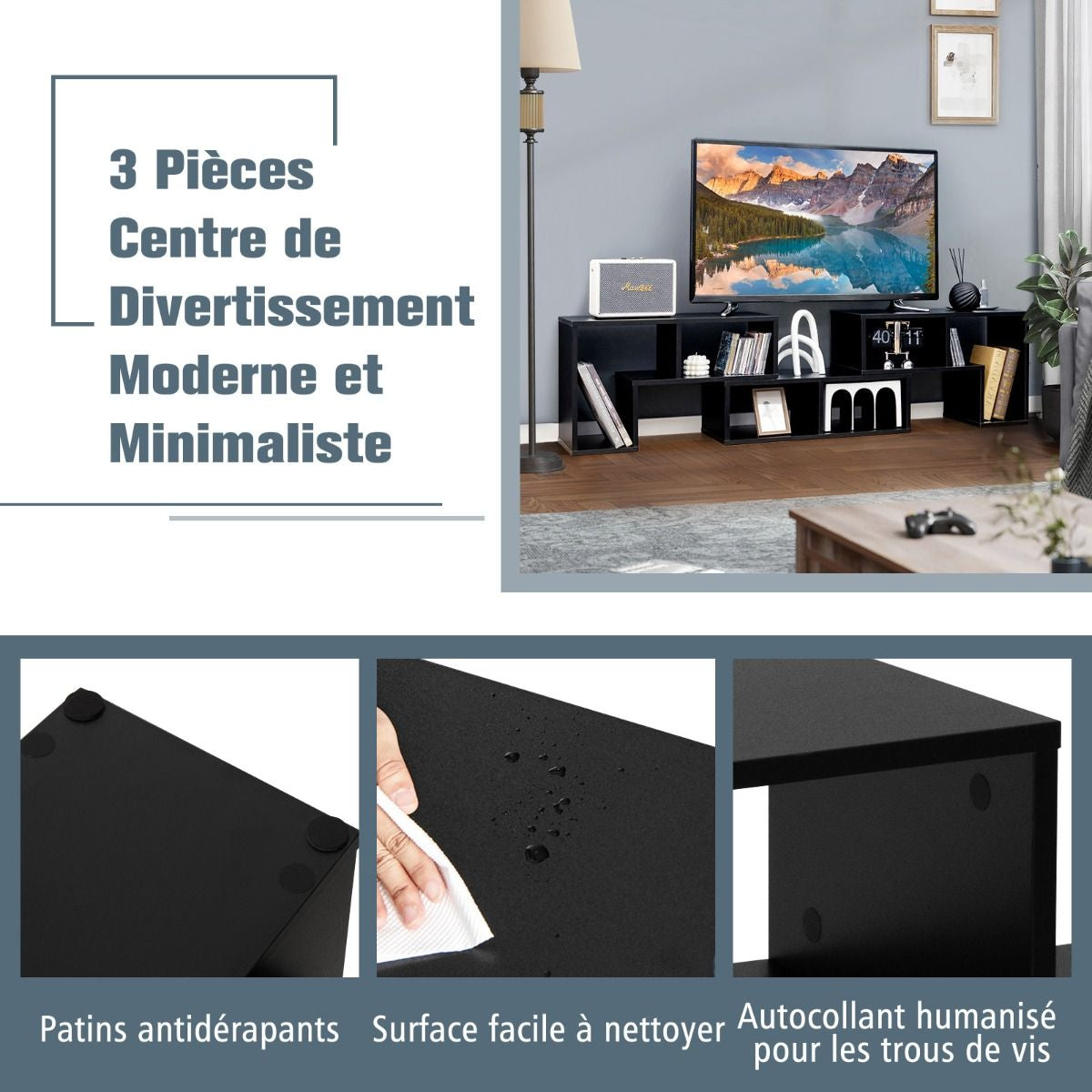 Meuble TV 3 Pièces 139x30x43cm Combination Libre pour Télévision Jusqu’à  49 Pouces pour Salon Chambre Bureau en MDF Noir