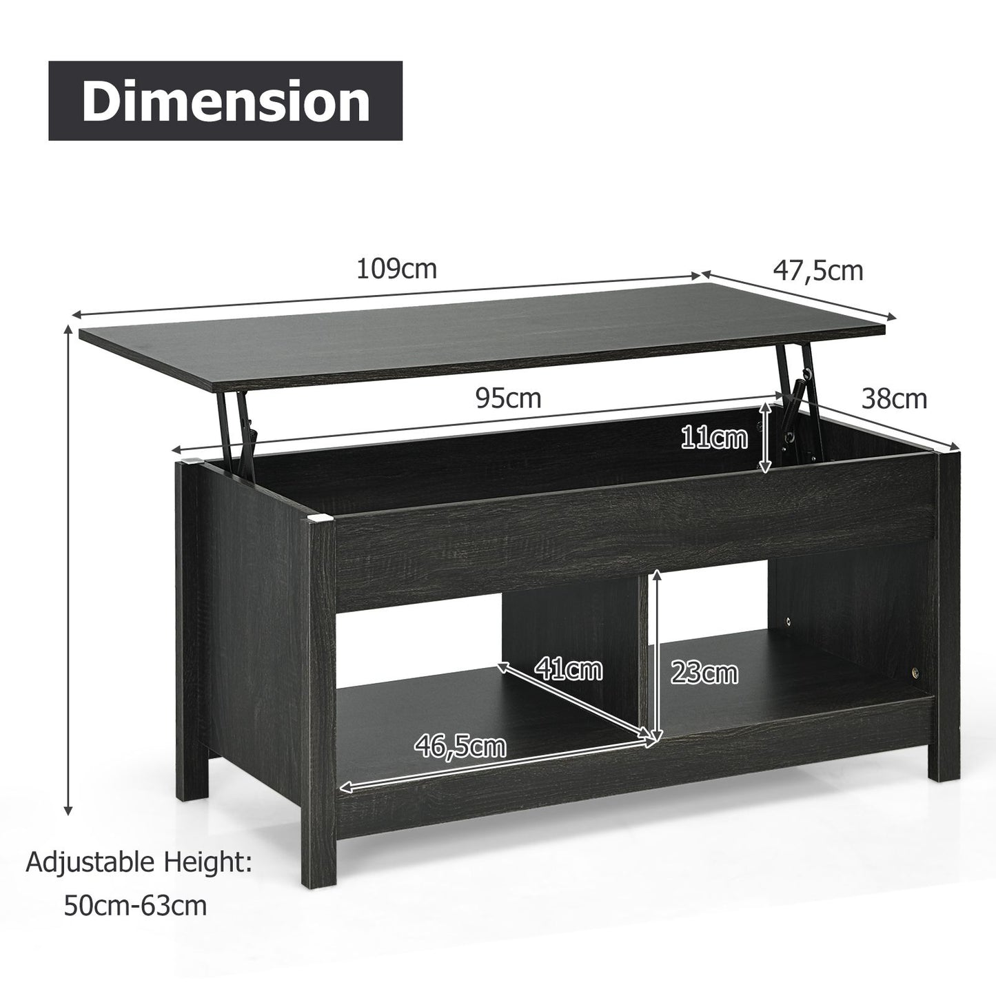 Table Basse avec Plateau Relevable avec Espace de Rangement Caché et Etagère Inférieur 109 x 47,5 x 50-63 cm Noir