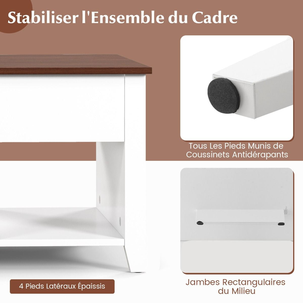 Table Basse avec Plateau Relevable 3 Compartiments Ouverts pour Rangement Polyvalents pour Salon Bureau  Blanc