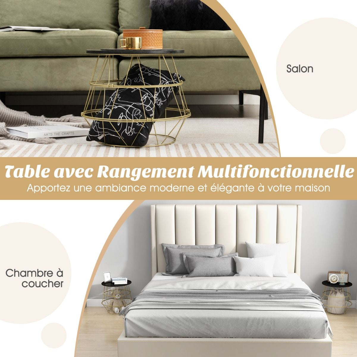 Table d’Appoint Bout de Canapé Marbre Noir avec Cadre en Métal Doré Plateau Amovible Petite Table Ronde pour Salon Chambre Ø40x38 cm Montage Facile