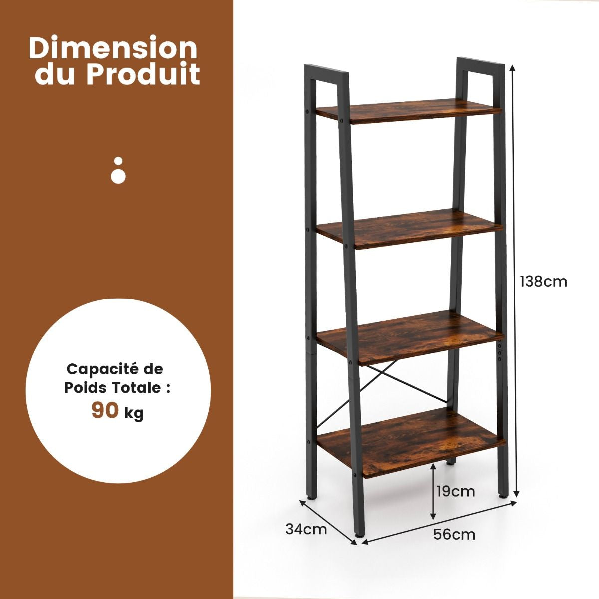 Bibliothèque Industrielle 4 Niveaux Coussinets de Pied Réglables Étagère de Rangement Dispositif Anti-basculement Marron