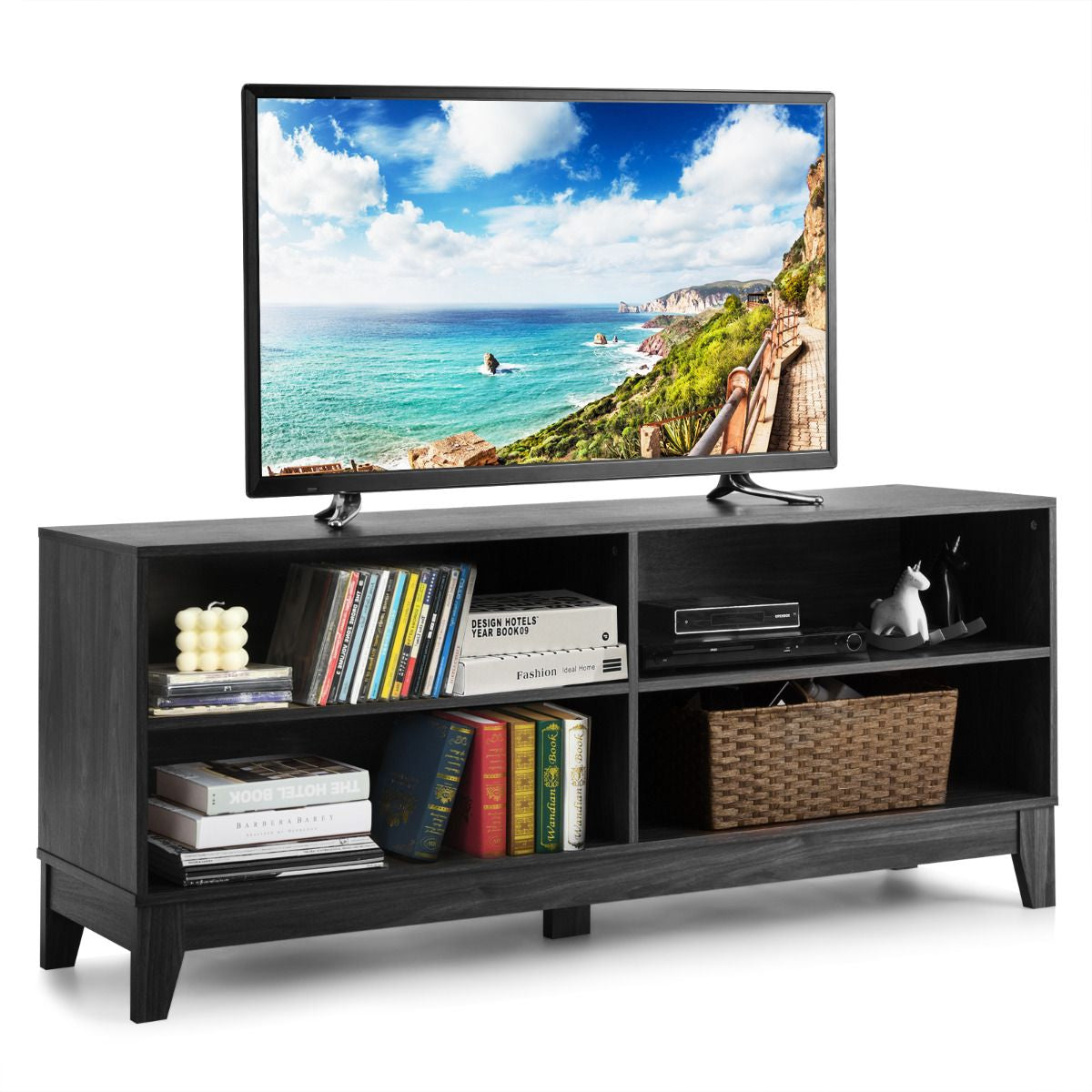 Meuble TV/Banc TV 147 X 40 X 61 CM Support télévision avec 4 Étagères de Rangement Ouvertes Tapis Antidérapant Café