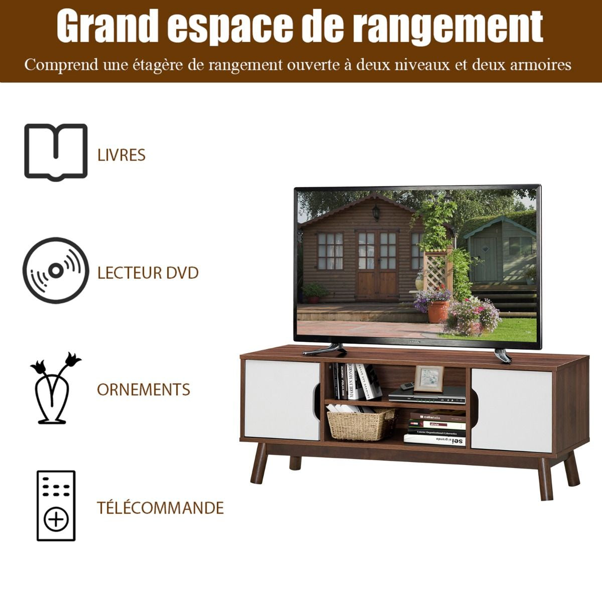 Meuble TV avec Compartiments et Étagères Jusqu’à 43 Pouces pour Salon Chambre Salle de Jeu 120x39x48,8cm Blanc&Noir