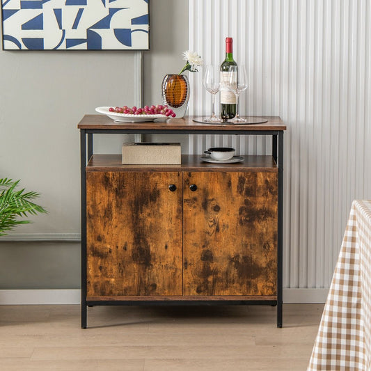 Buffet de Cuisine Industriel avec 2 Portes et Cadre Métallique 80x40x80 CM Meuble de Rangement avec Étagères Ouvertes Marron