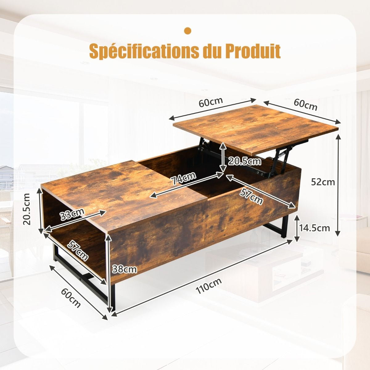 Table Basse Relevable avec 1 Compartiment Latéral Table Basse Transformable Cadre en Métal Levage Hydraulique pour Salon Bureau Chambre 110 x 60 x 38 cm  Café