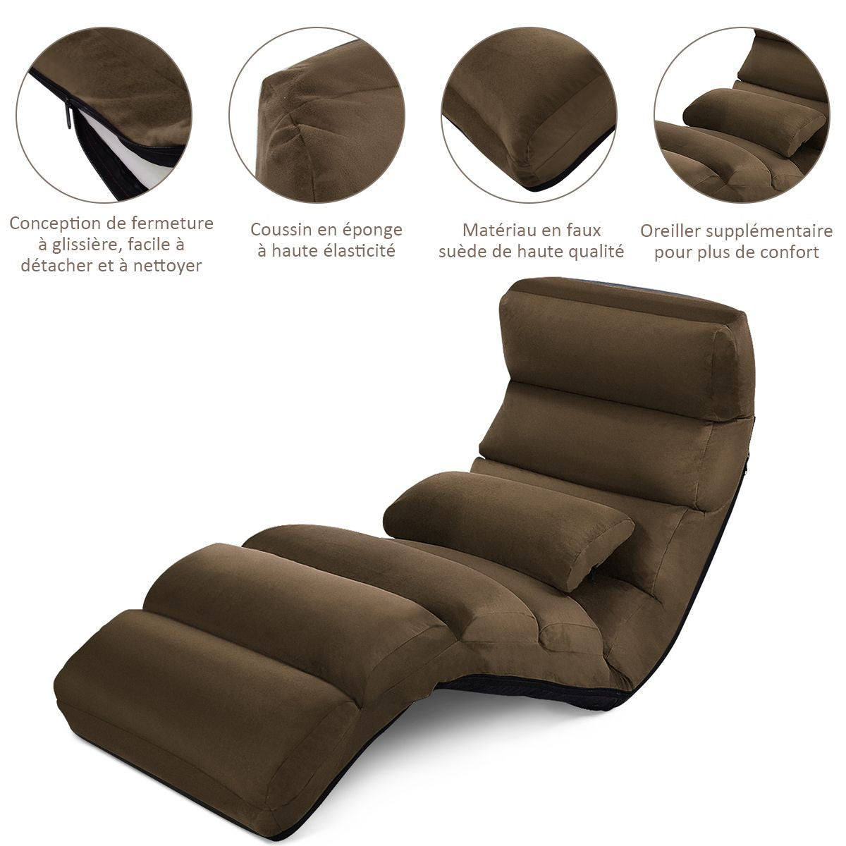 Fauteuil Relax Pliable Réglable sur 5 Positions en Faux Daim Chaise de Sol pour Salon Mobilier de Bureau Chambre Marron