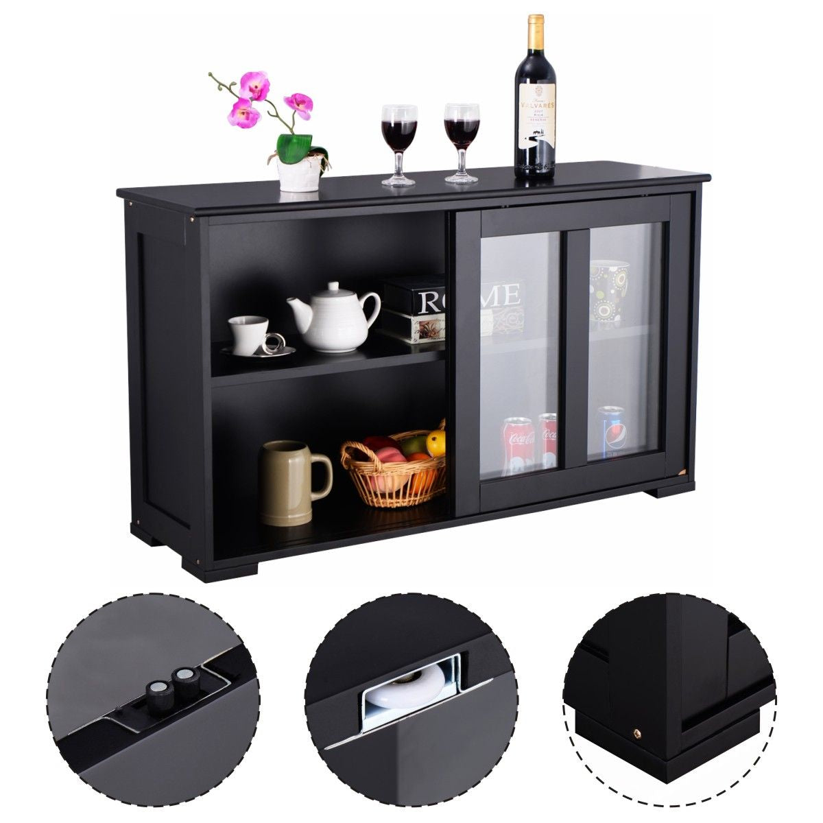 Buffet Meuble de Cuisine Cabinet de Stockage Placard Verre Porte Coulissante Noir en MDF de Haute Qulaité