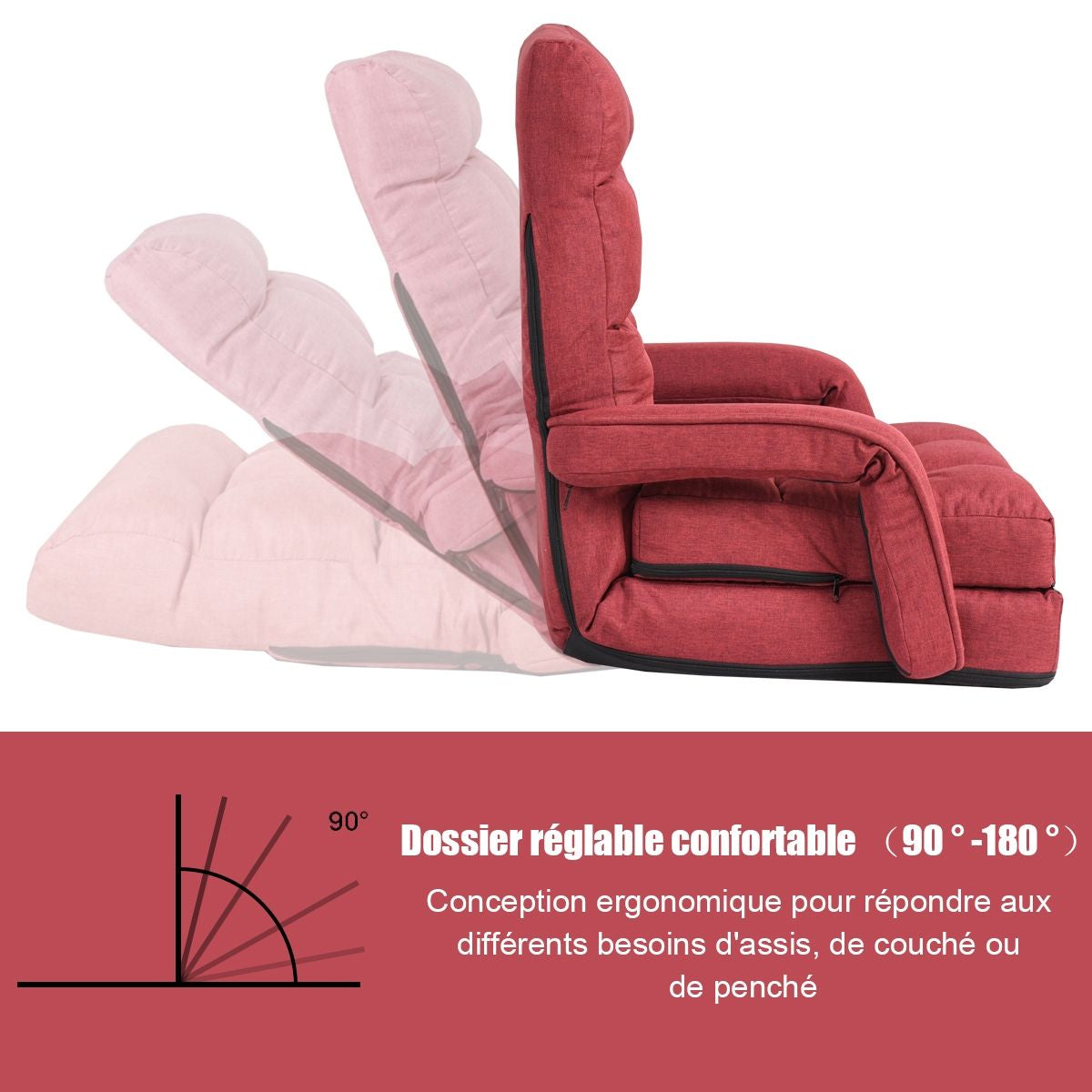 Fauteuil Convertible Chauffeuse Convertible 1 Place en Tissu avec Oreiller 5 Positions Rouge