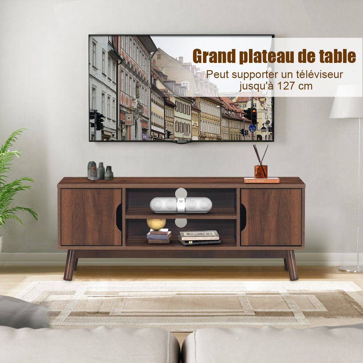 Meuble TV avec Compartiments et Étagères Jusqu’à 43 Pouces pour Salon Chambre Salle de Jeu 120x39x48,8cm Marron&Noir