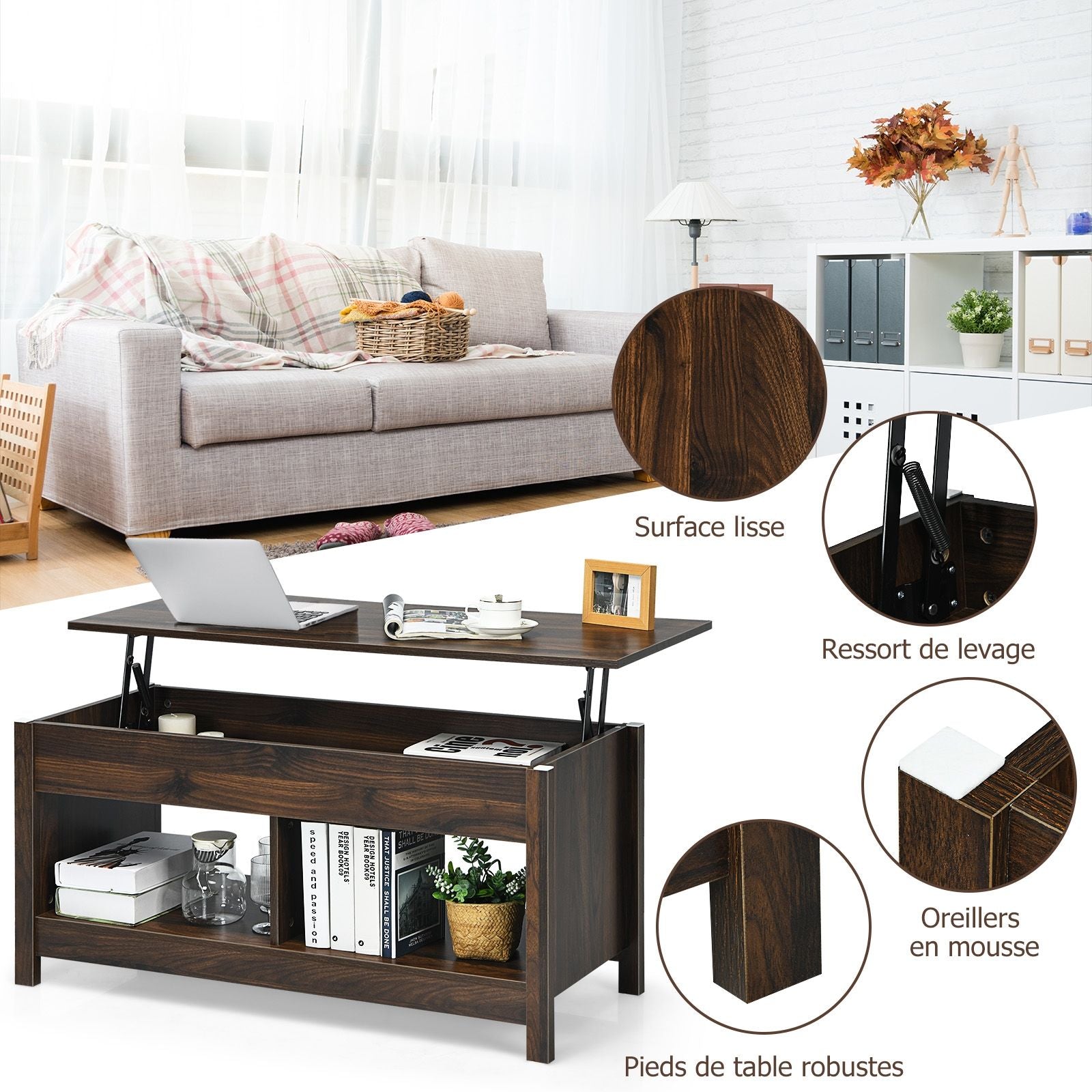 Table Basse avec Plateau Relevable avec Espace de Rangement Caché et Etagère Inférieur 109 x 47,5 x 50-63 cm Café