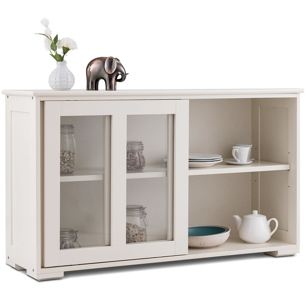 Buffet de Cuisine Commode Rangement Cuisine 2 Etagères avec 2 Porte Coulissantes Beige