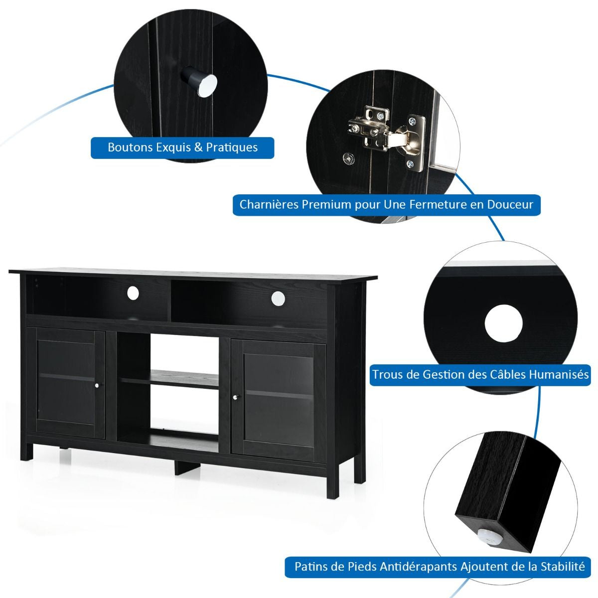 Meuble TV avec 2 Armoires Laterales et Étageres 18" Foyer Électrique pour Salon Chambre 147 x 40 x 81,5 cm Noir