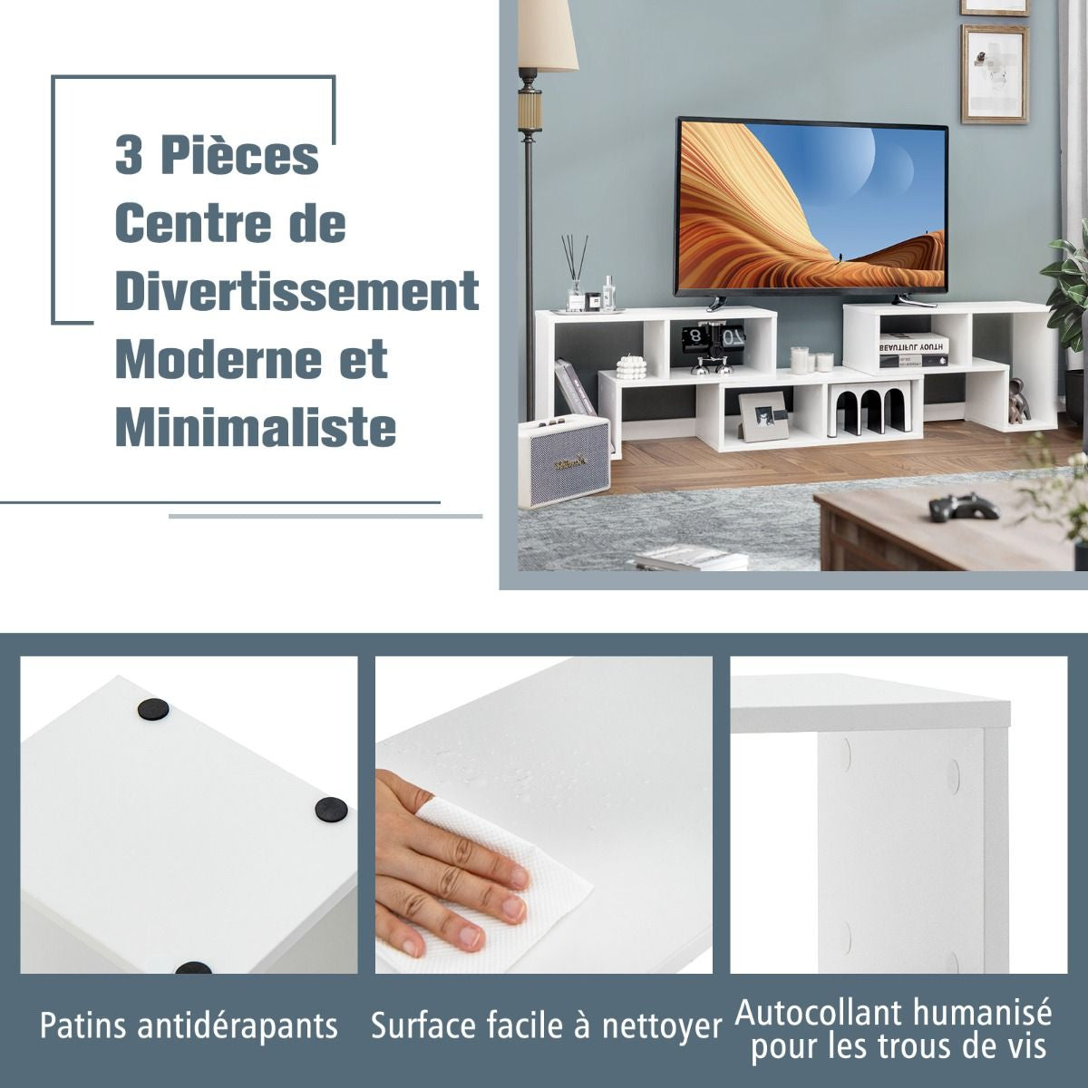 Meuble TV 3 Pièces 140x30x43cm Combination Libre pour Télévision Jusqu’à 49 Pouces pour Salon Chambre Bureau en MDF Blanc