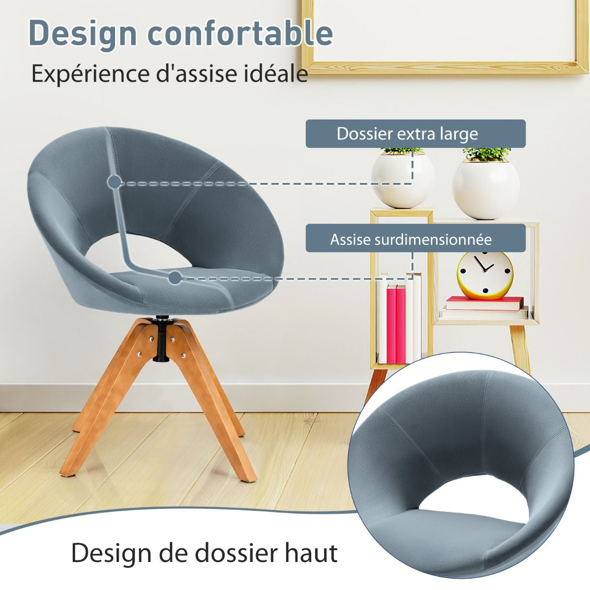 Fauteuil en Tissu Chaise Pivotante Moderne avec Pieds en Bois Massif et Siège Moelleux pour Salon Bureau et Chambre Gris