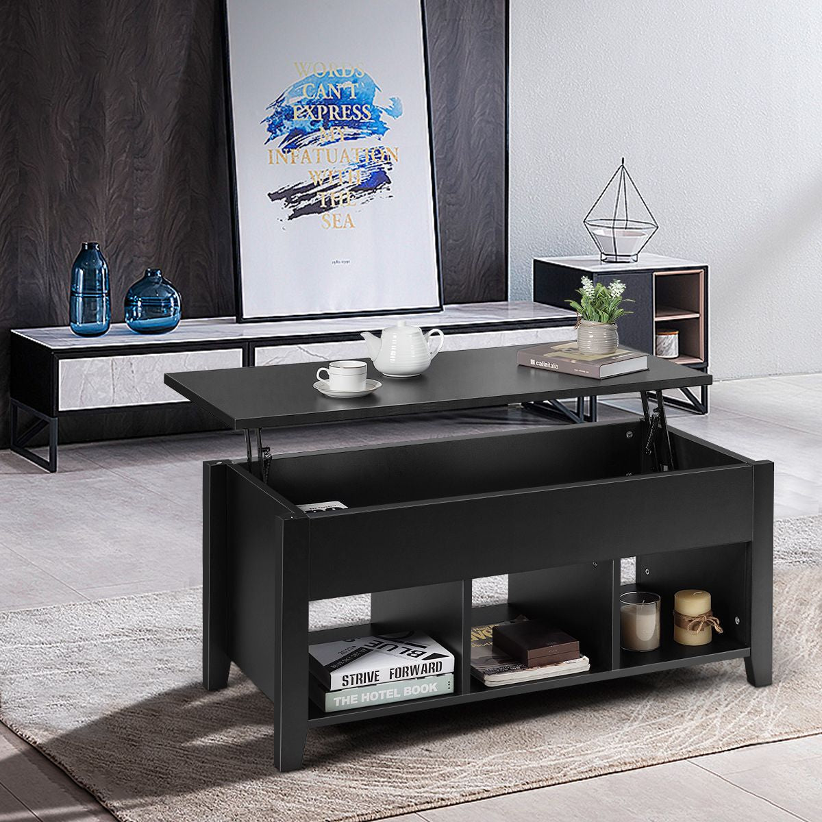 Table Basse avec Plateau Relevable Noir 104,5 x 49,5 x 48,5 CM avec Trois Compartiments pour Rangement Design Contemporain