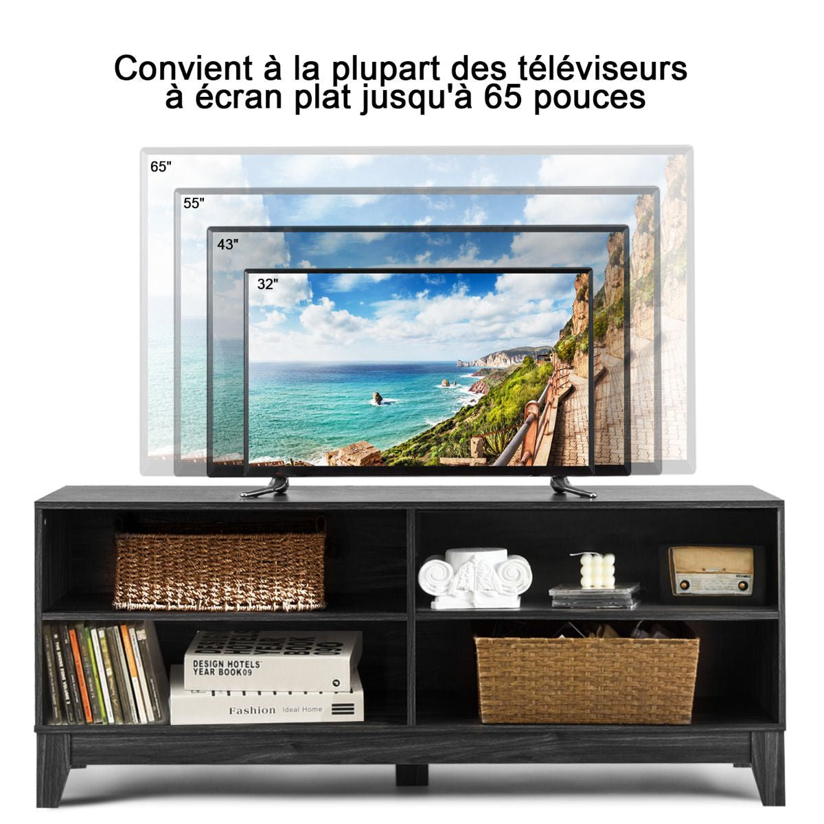 Meuble TV/Banc TV 147 X 40 X 61 CM Support télévision avec 4 Étagères de Rangement Ouvertes Tapis Antidérapant Café