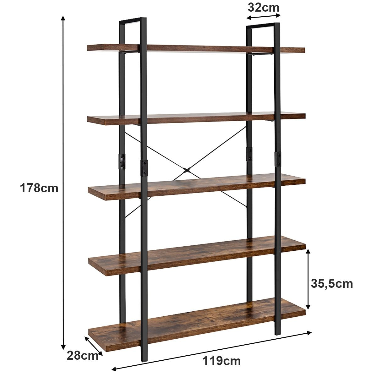 Bibliothèque Étagère de Rangement à 5 Niveaux 119x32x178cm Marron Rustique