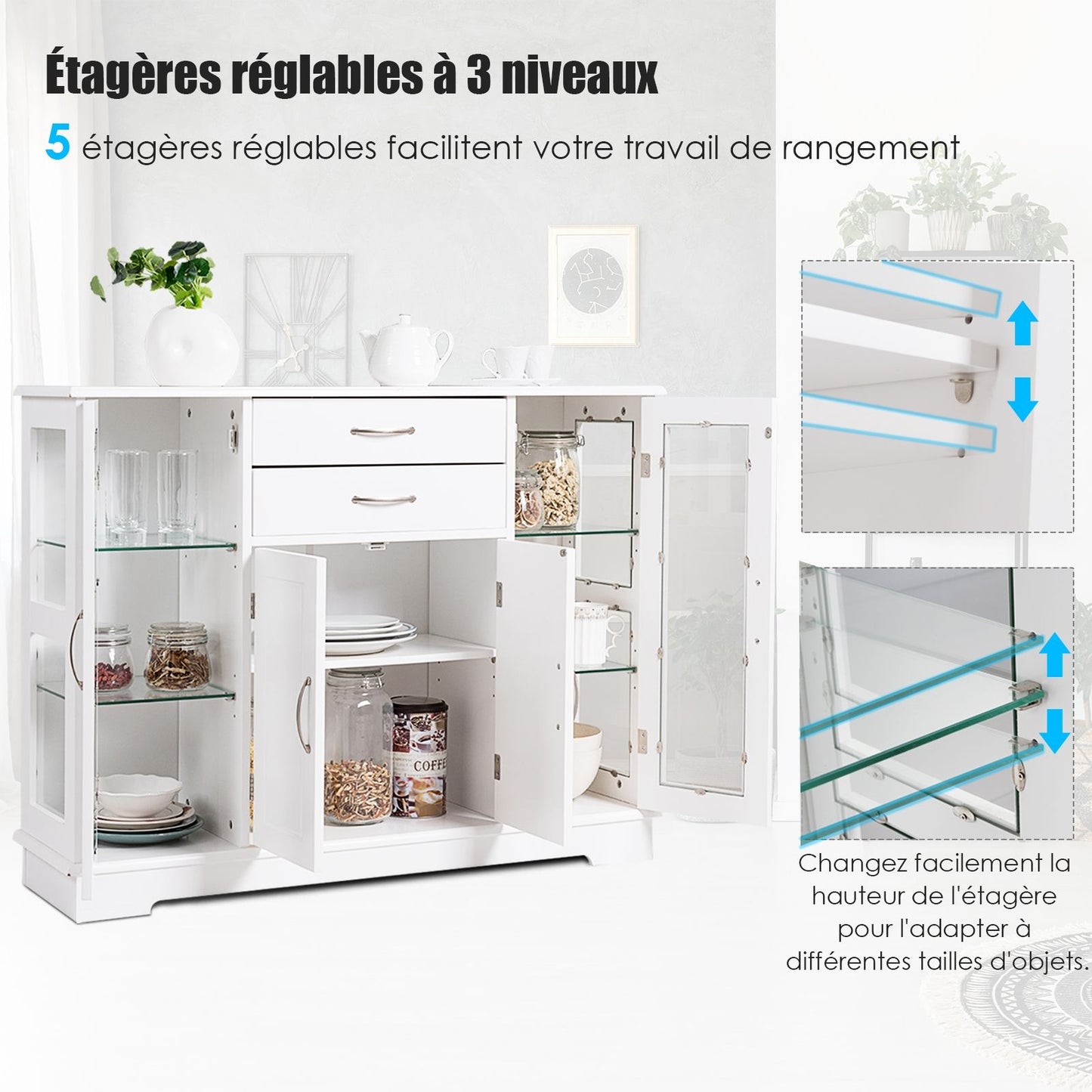 Buffet de Cuisine Meuble de Rangement 107 x 30 x 82 CM  Armoire pour Cuisine et Salon Blanc