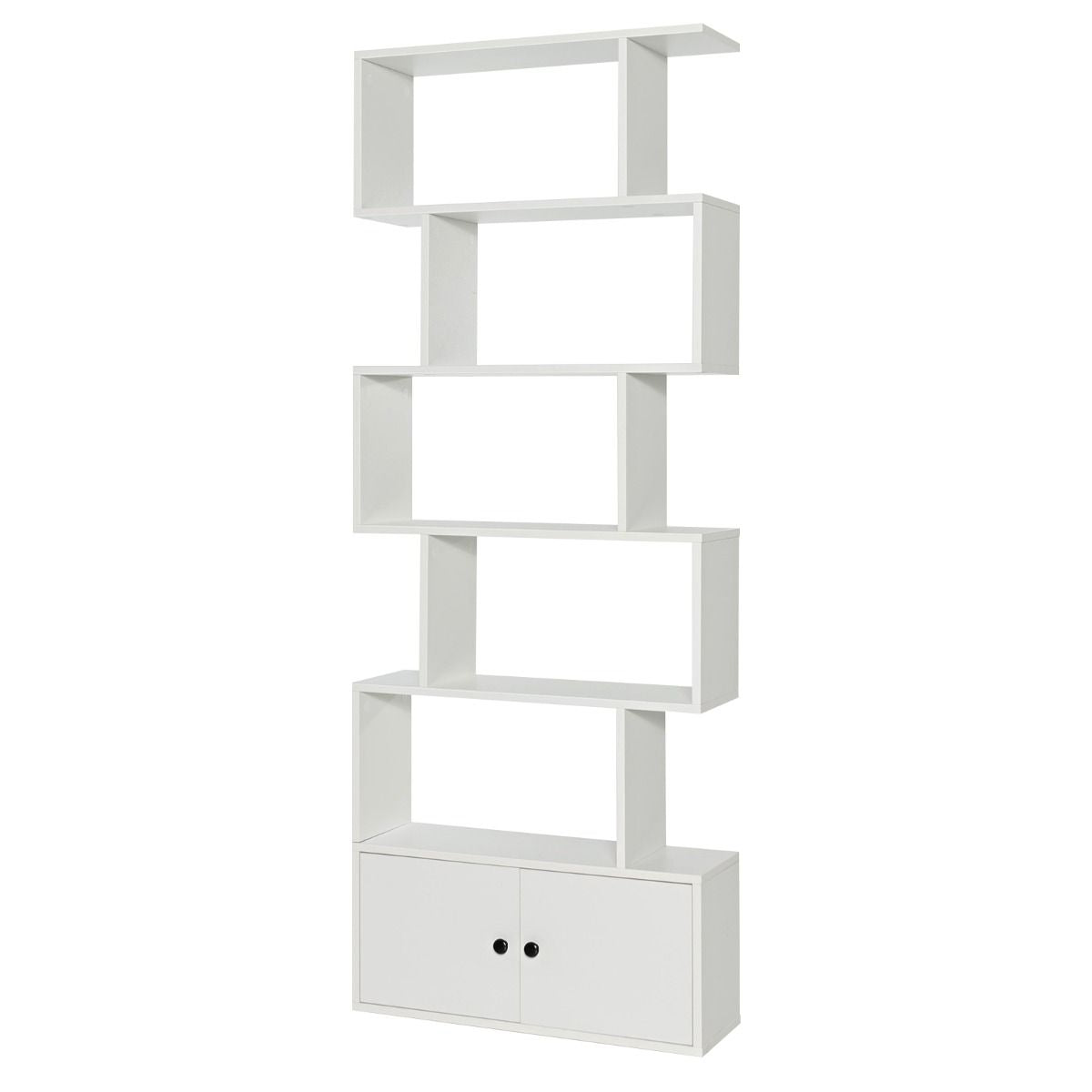 Bibliothèque Étagère Échelle en Bois à 6 niveaux avec 2 Portes 70 x 23 x 183 cm Style Moderne Forme en S Blanc