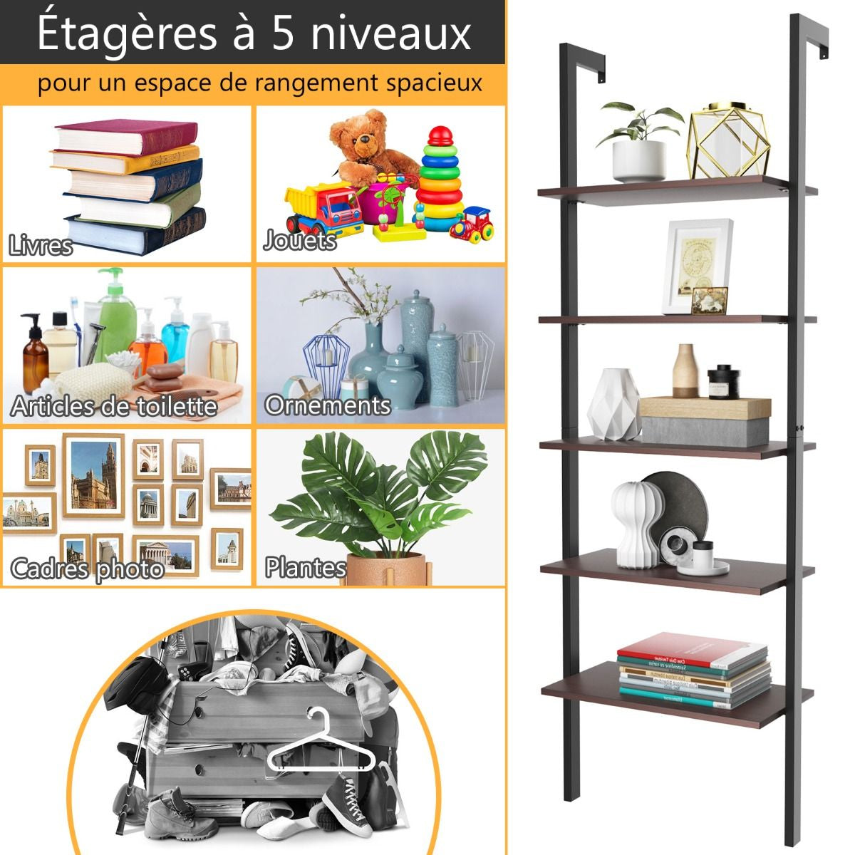 Etagère Echelle en MDF Noir avec 5 Niveaux Etagère de Rangement Marron