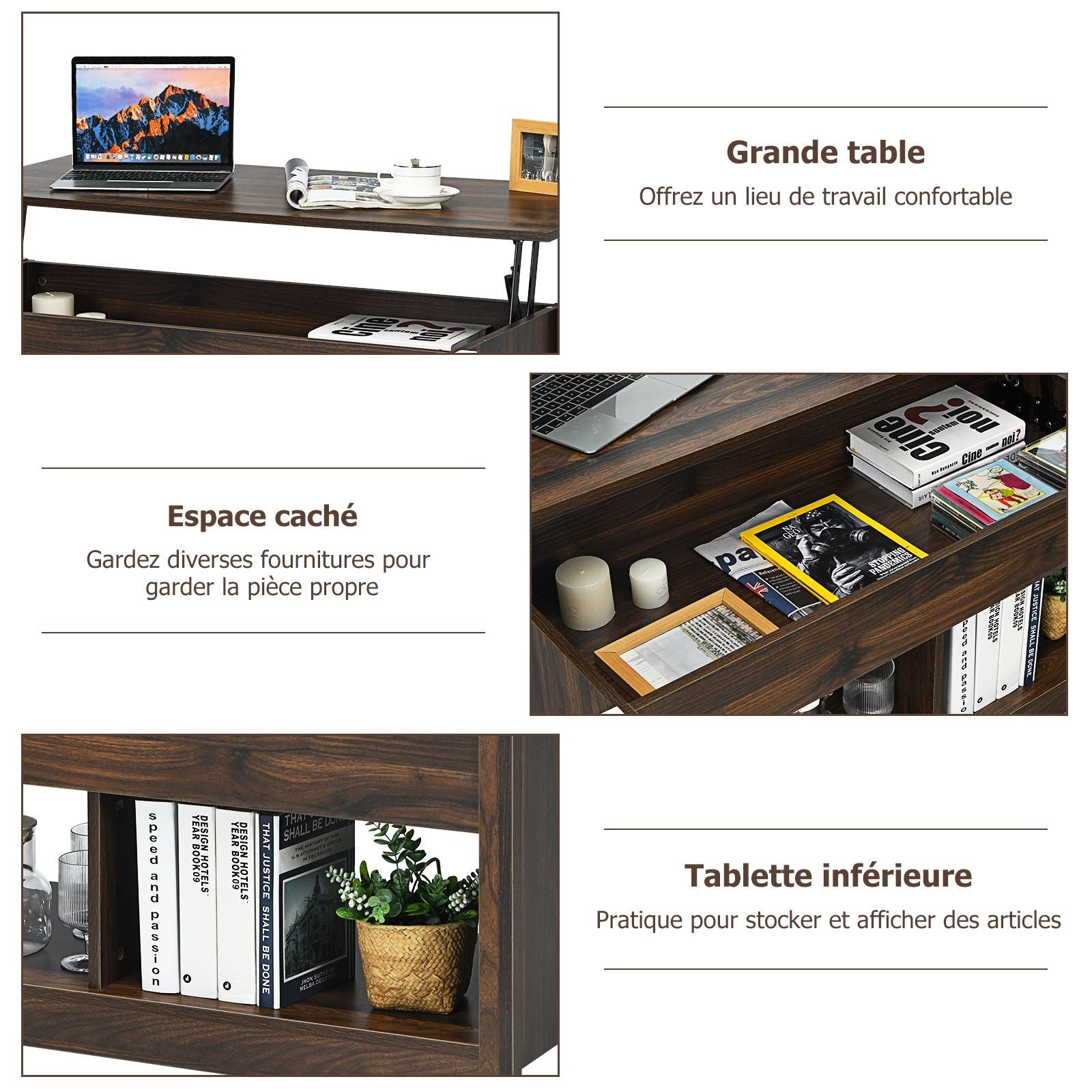 Table Basse avec Plateau Relevable avec Espace de Rangement Caché et Etagère Inférieur 109 x 47,5 x 50-63 cm Café