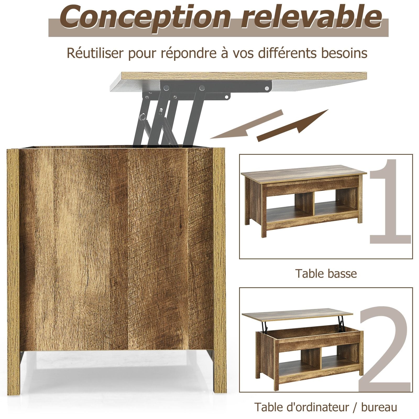 Table Basse avec Plateau Relevable avec Espace de Rangement Caché et Etagère Inférieur 109 x 47,5 x 50-63 cm Chêne