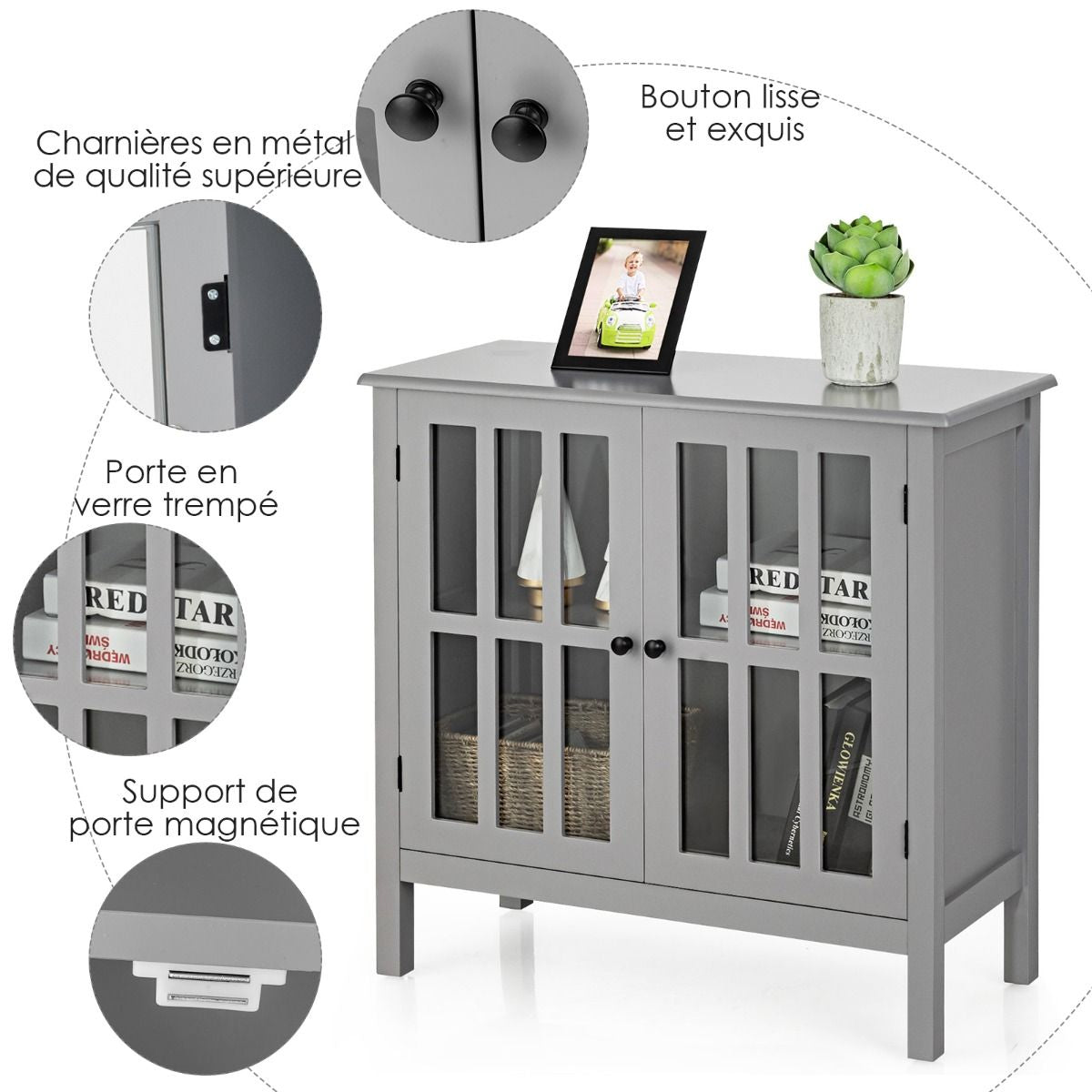 Buffet Bahut avec Porte un Verre Trempé 80,5 x 35 x 78 CM en Bois de Pin Gris