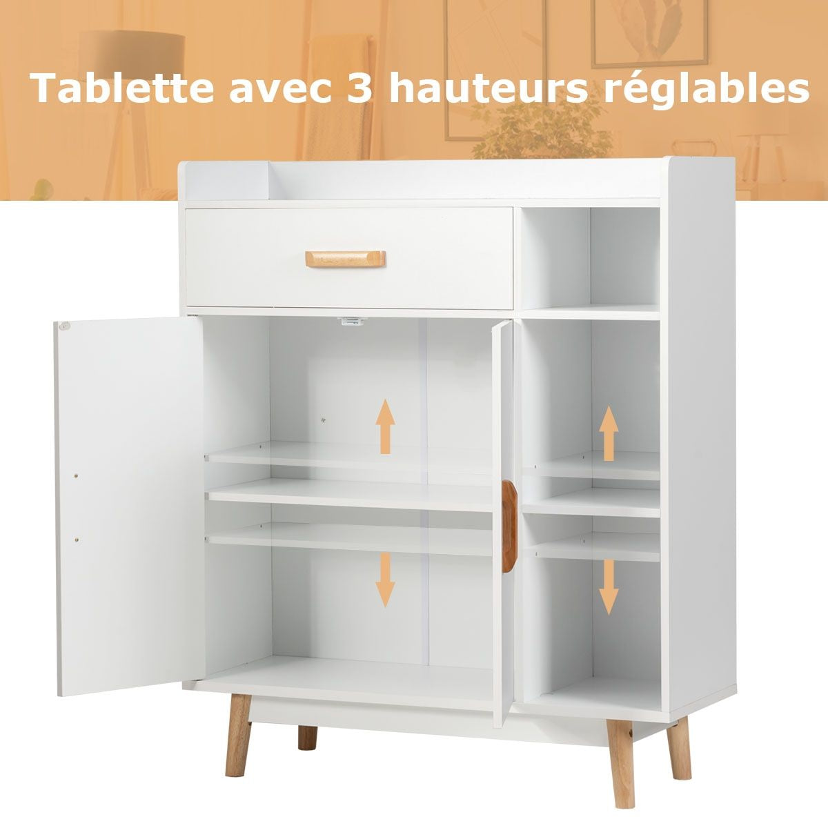 Meuble de Rangement Scandinave 1 Tiroir 2 Portes 3 Etagères 80 x 30 x 95 CM Blanc