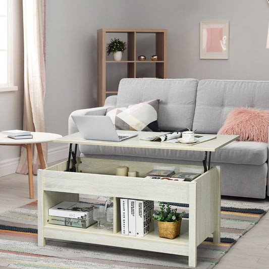 Table Basse avec Plateau Relevable avec Espace de Rangement Caché et Etagère Inférieur 109 x 47,5 x 50-63 cm Blanc