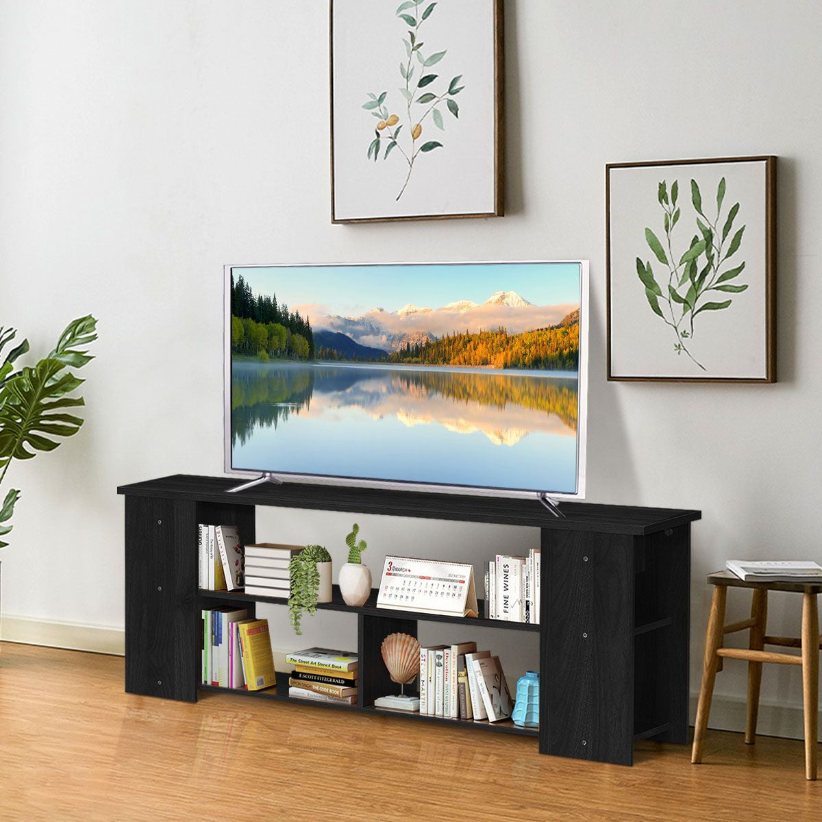 Meuble TV à 3 Niveaux avec Structure en Bois Massif pour Salon Chambre Salle de Jeu Style Moderne 100 x 29  x 40,5 cm Noir