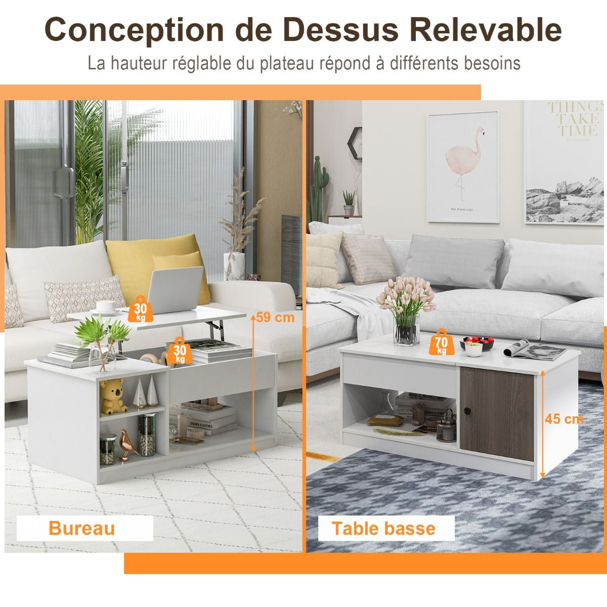 Table Basse avec Plateau Relevable avec Levage Pneumatique, Table de Salon avec 3 Compartiments ouverts et Placard à Porte