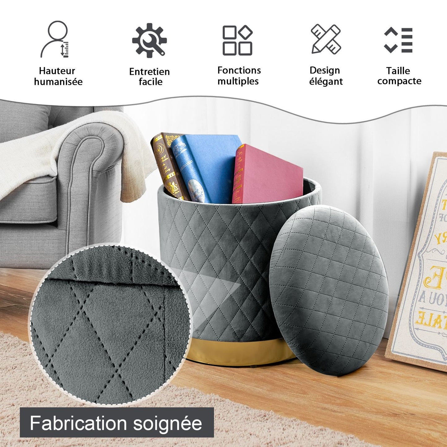 Pouf de Rangement Rond avec Base en métal Couvercle Détachable et Patins Anti-Rayurespour Salon Chambre Gris