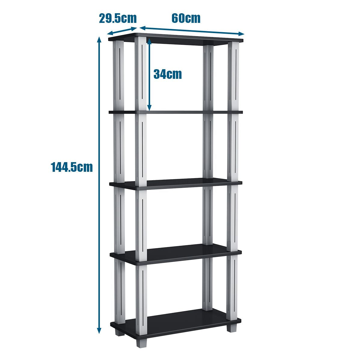 Bibliothèque Étagère à 5 Niveaux 60 x 29,5 x 144,5 CM Étagère/Meuble de Rangement pour Salon/Salle de Bain/Cuisine Noir