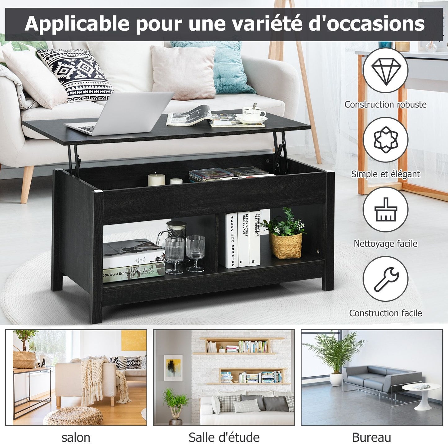 Table Basse avec Plateau Relevable avec Espace de Rangement Caché et Etagère Inférieur 109 x 47,5 x 50-63 cm Noir