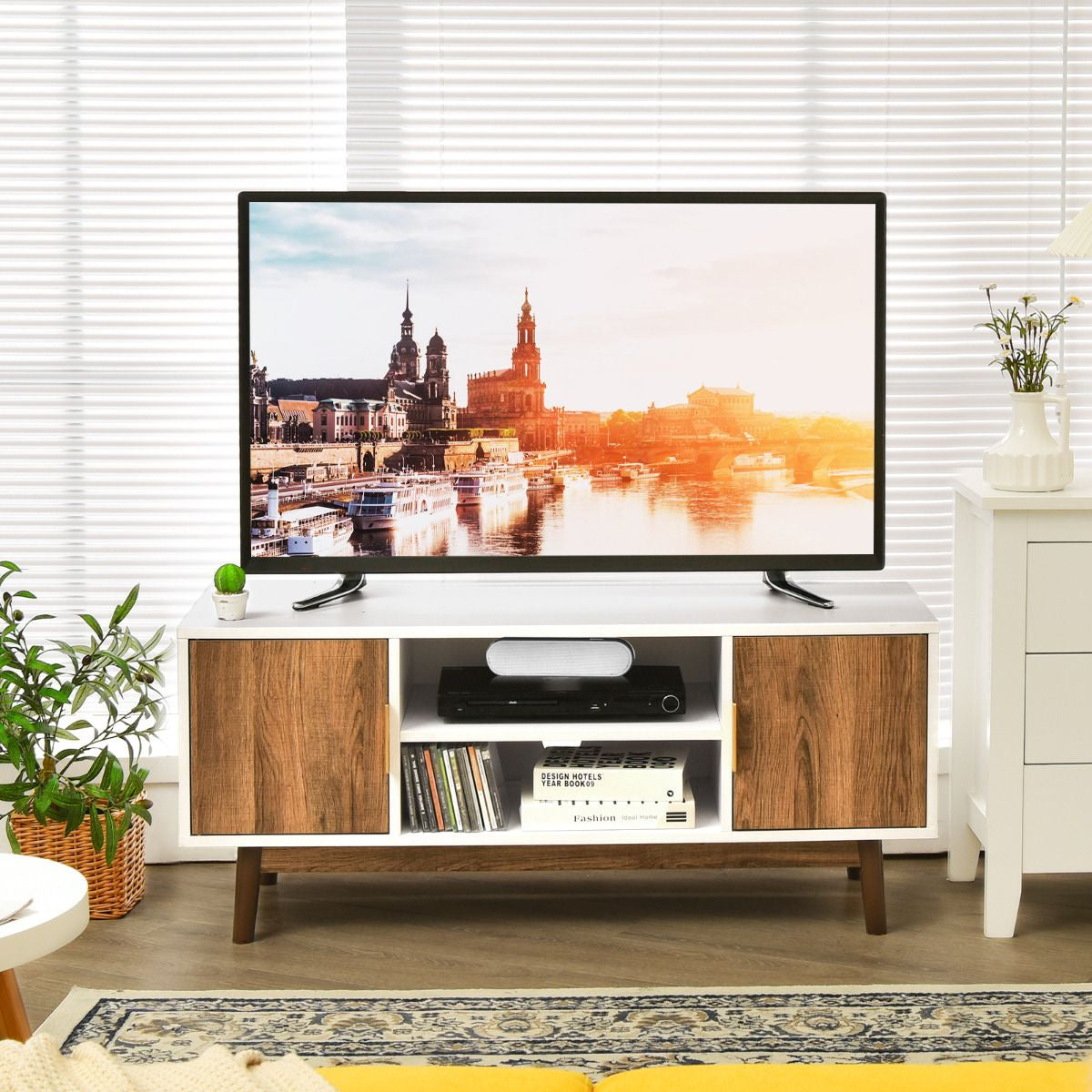 Meuble TV 2 Portes Banc TV 109 x 38 x 45,7 CM pour TV Jusqu'à 50 Pouce avec 2 Trous de Gestion des Câbles