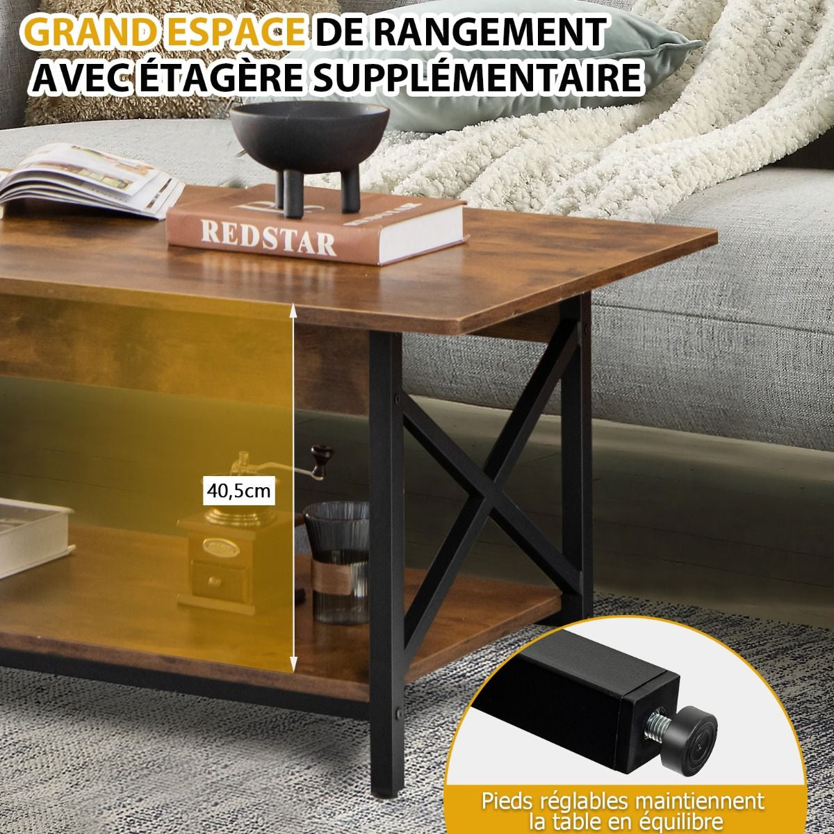 Table Basse 2 Niveaux avec Étagère Bois Cadre Métallique en Forme X Pieds Réglables Style Industrielle 110 x 60 x 48 cm Café