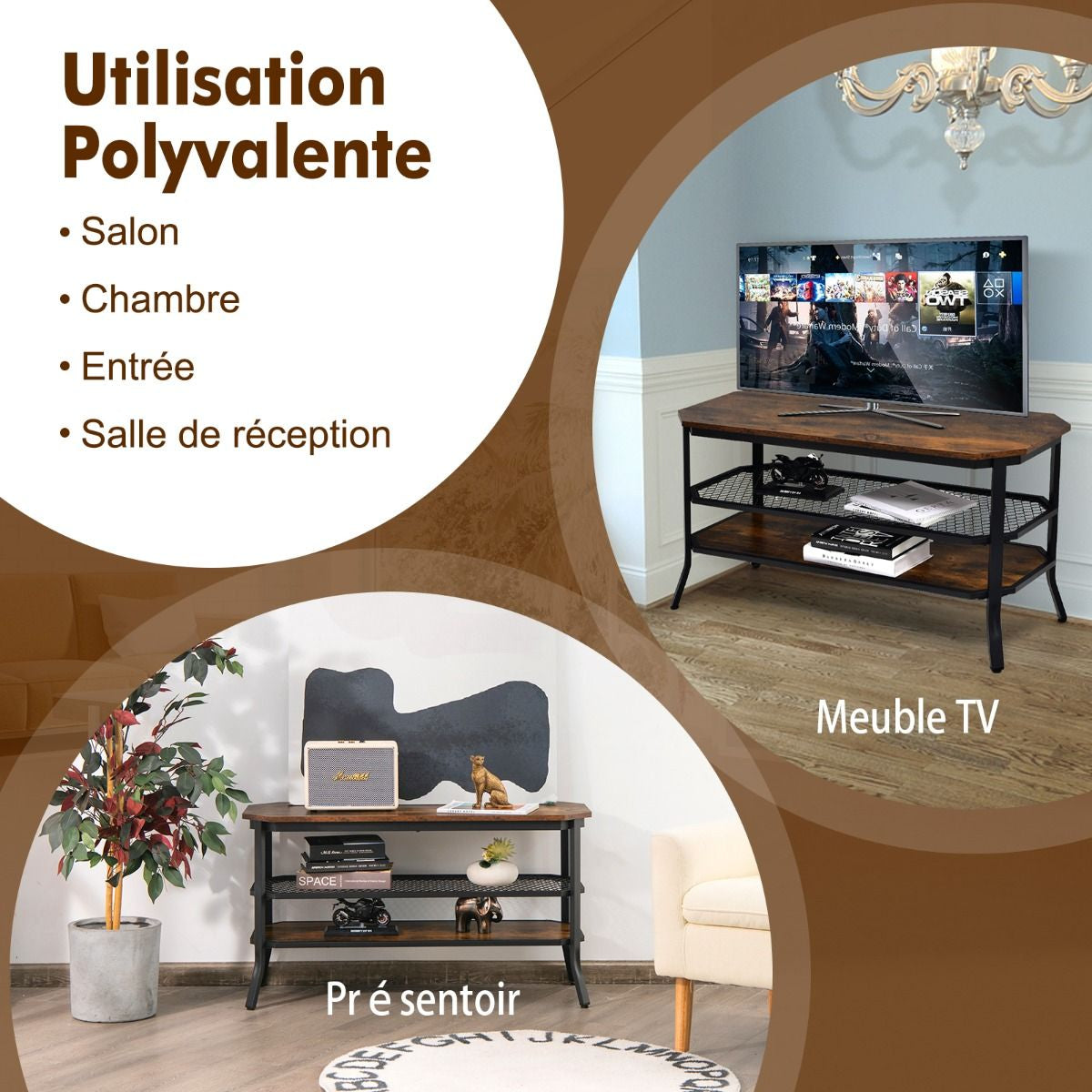 Meuble TV à 3 Niveaux 100 x 40 x 55,5 cm Structure en Acier Design Grain de Bois et Style Industriel pour Salon Chambre