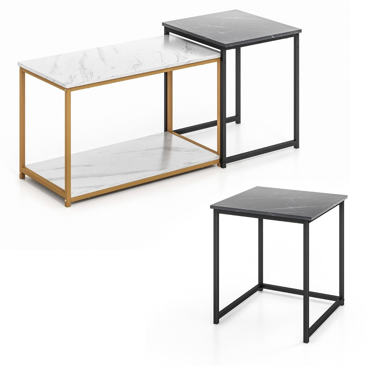 Lot de 3 Tables Basse Gigognes Imprimée Marbre avec Cadre en Métal Doré et Noir Table d'Appoint Scandinave pour Salon Bureau