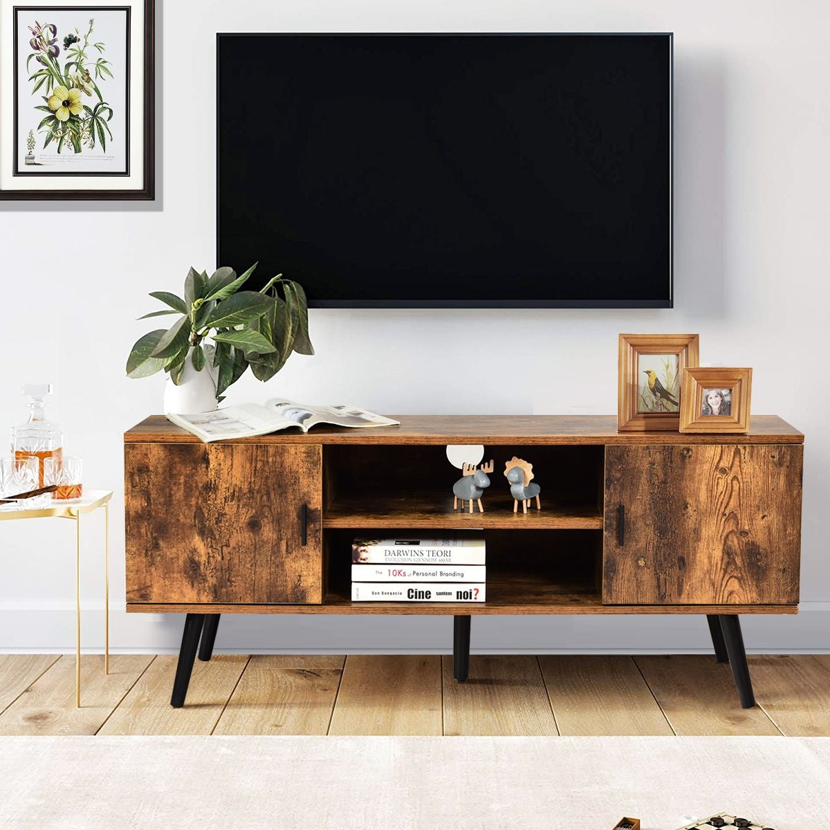 Meuble TV Style Industriel 120 x 40 x 50,5 CM avec 2 Portes et 2 Étagères Marron Rustique