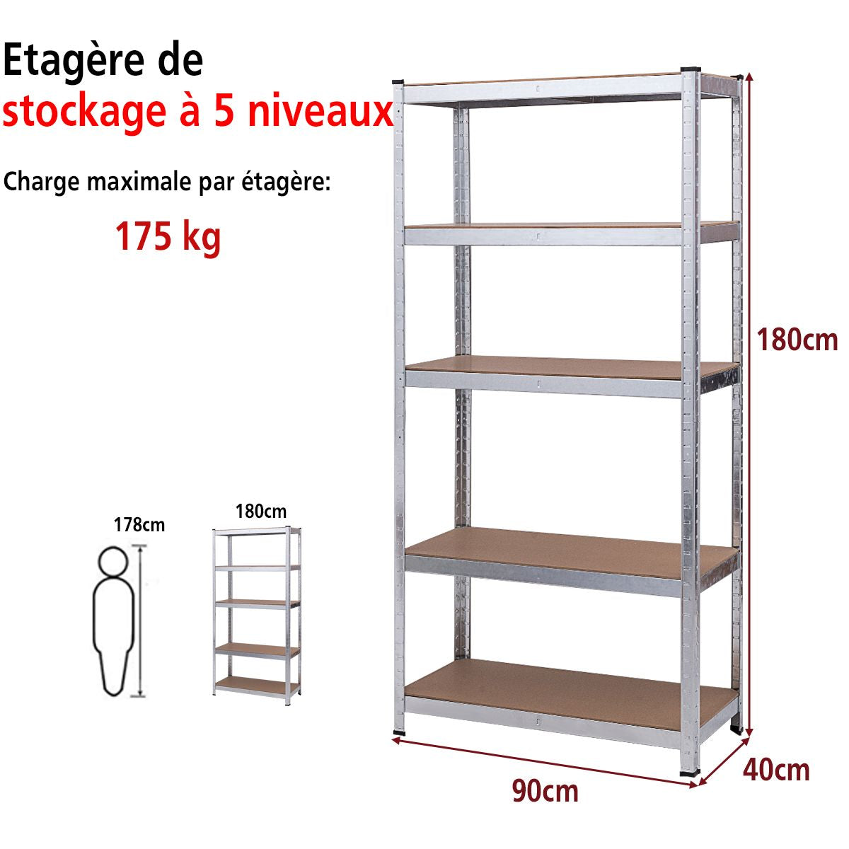 Lot de 2 Étagères de Rangement Charge Lourde 90x40x180CM avec 5 Tablettes Charge 175KG Étagères de Garage en Métal Galvanisé