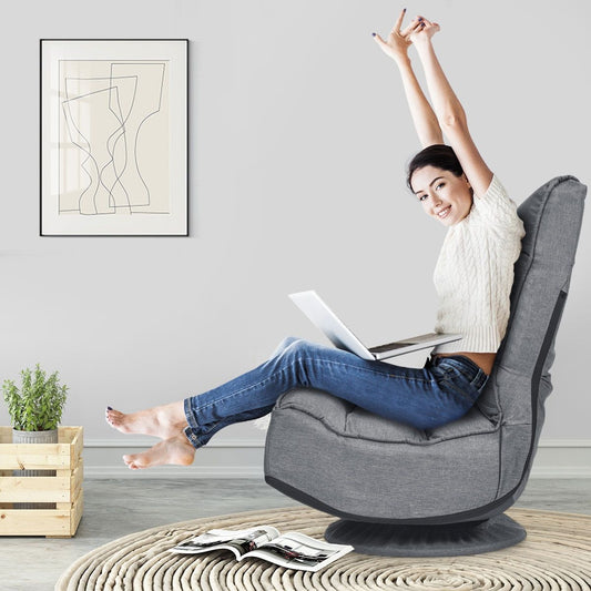 Chaise Relax Pliable et Réglable en 5 Positions Pivotant 360 Degrés Rembourrée Confortable Gris