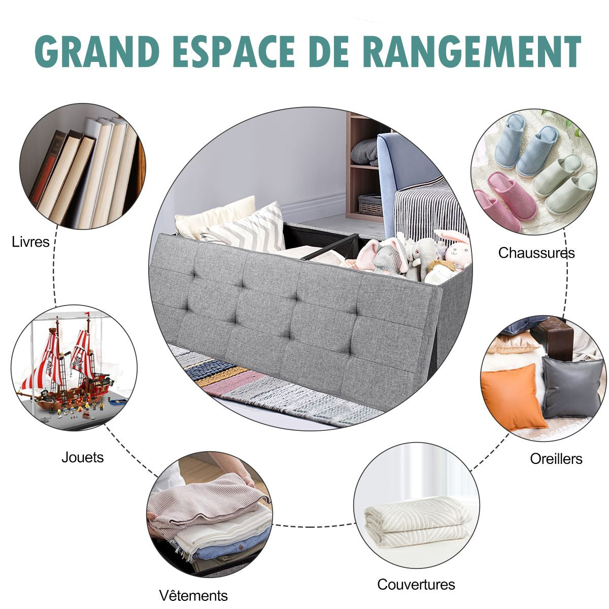 Banc de Rangement Rembourré Pliable avec Séparateur Volume 150L 110,5 x 38 x 38 cm pour Salon/Chambre/ Entrée Gris Clair