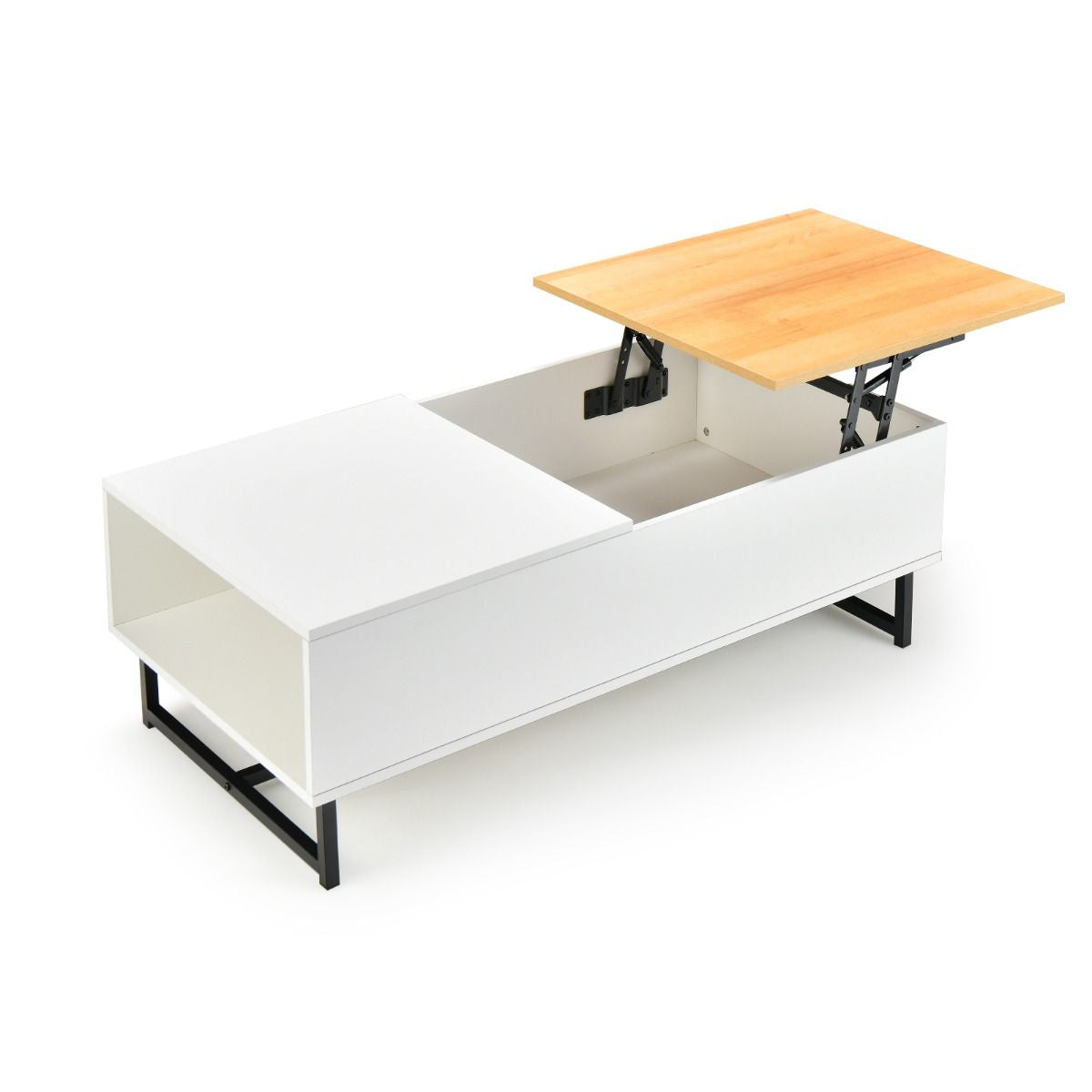 Table Basse Relevable avec 1 Compartiment Latéral Table Basse Transformable Cadre en Métal Levage Hydraulique pour Salon Bureau Chambre 110 x 60 x 38 cm Blanc