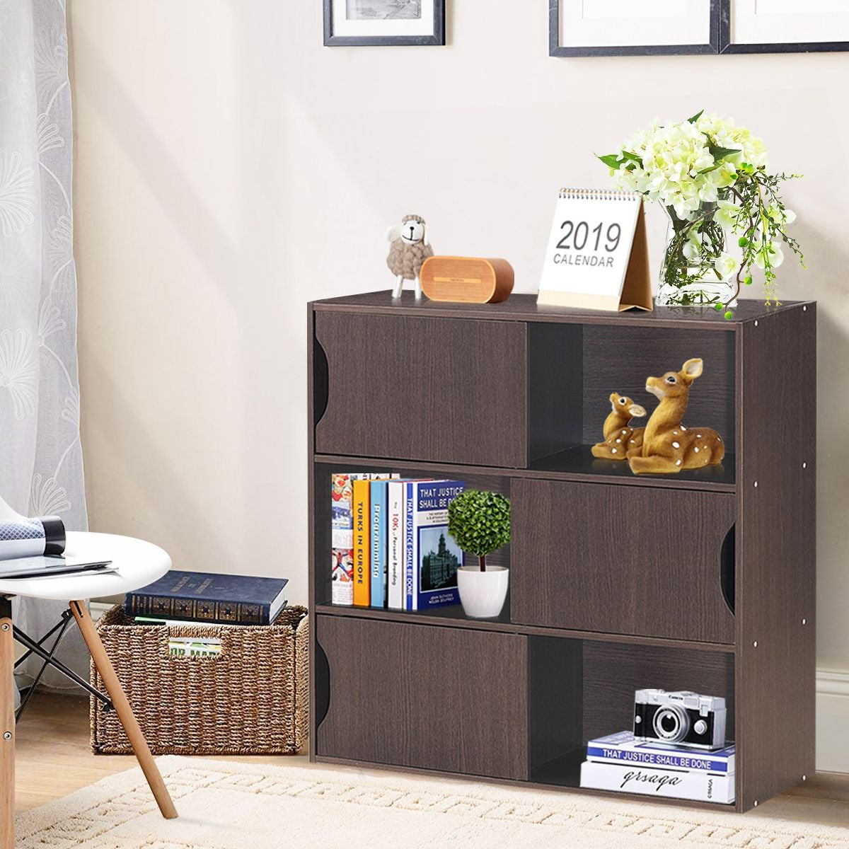 Bibliothèque de Rangement avec 3 Portes 6 Compartiments 78 x 30 x 78 CM à 3 Étagère Marron