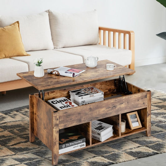 Table Basse avec Plateau Relevable Noir 105 x 52 x 49 CM avec Trois Compartiments pour Rangement Design Contemporain Marron