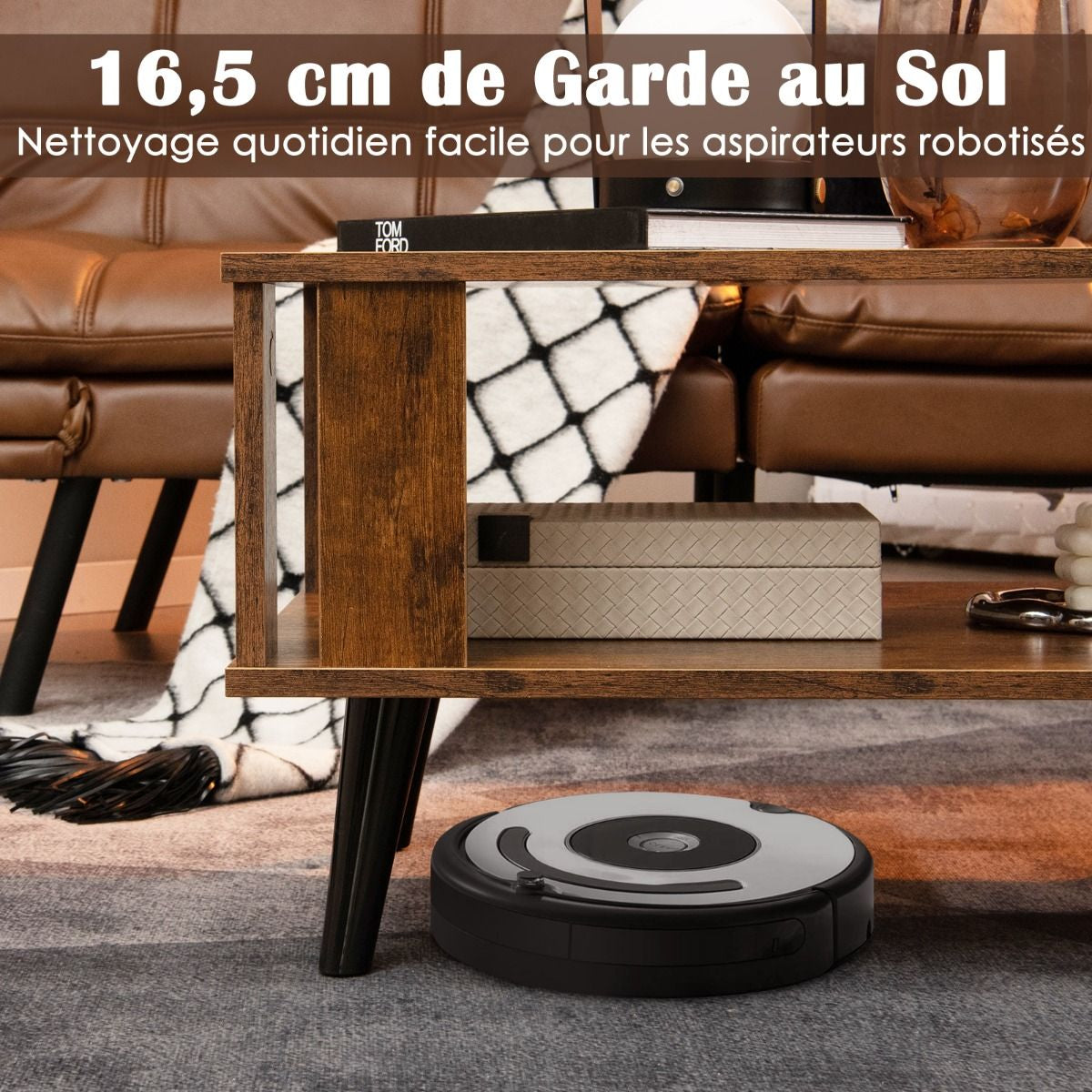 Table Basse Rectangulaire à 2 Niveaux 70 x 50 x 41 CM Table d'Appoint avec Patins Antidérapants Style Industriel Marron